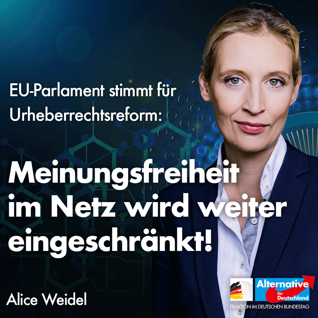 Alice_Weidel's tweet photo. +++Freiheit im Netz wird weiter eingeschränkt!+++
Die verpfuschte Urheberrechtsreform wurde arrogant und unbelehrbar einfach durchgewunken. Damit triumphiert ein weiteres Mal der bürgerfeindliche #EU-Zentralismus über die Meinungsfreiheit. #AfD #Artikel13 https://t.co/9Jh0Zs0KD2 https://t.co/RdzBUyNfiN