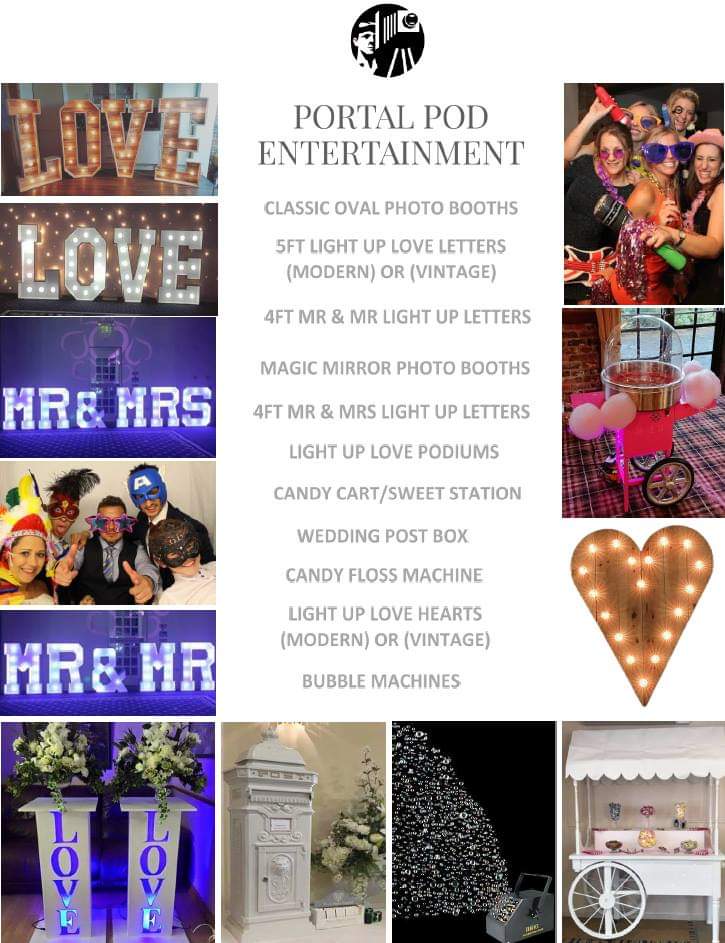 PortalPod's tweet photo. Dont forget we can supply a wide range of different #Event #Entertainment! #photobooth #candycart #sweetstation #magicmirror #5ftLoveLetter #MrandMrs #candyflossmachine #greenscreenphotobooth #lovepodiums #bubblemachines #weddingpostbox https://t.co/Ar7VwGDNhv