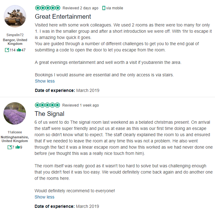 MakeYour_Escape's tweet photo. We've had some lovely reviews from you over the past few weeks. Thank you to everyone who has taken the time to write a TripAdvisor review, it really does help out the business and we appreciate hearing about your experience with us. Here are a few of the most recent reviews! https://t.co/00j9mKt8vj