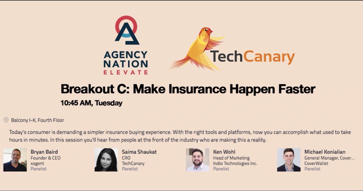 TechCanary's tweet image. Are you at @AgencyNation #Elevate2019? TechCanary&apos;s CRO Saima Shaukat will be on a panel discussing how to &quot;Make Insurance Happen Faster&quot; at 10:45 EST.