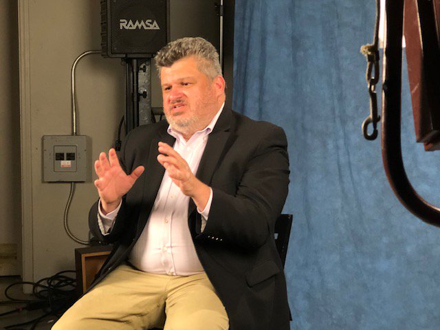 LEADSanDiego's tweet photo. @RubenNavarrette at video shoot on behalf of @jeanguerre of @KPBS, recipient of the Cross-Border award at #leadvisionary awards 6/6: "Jean is not easily intimidated; she runs into the fire zone" https://t.co/exxB7yyJZa