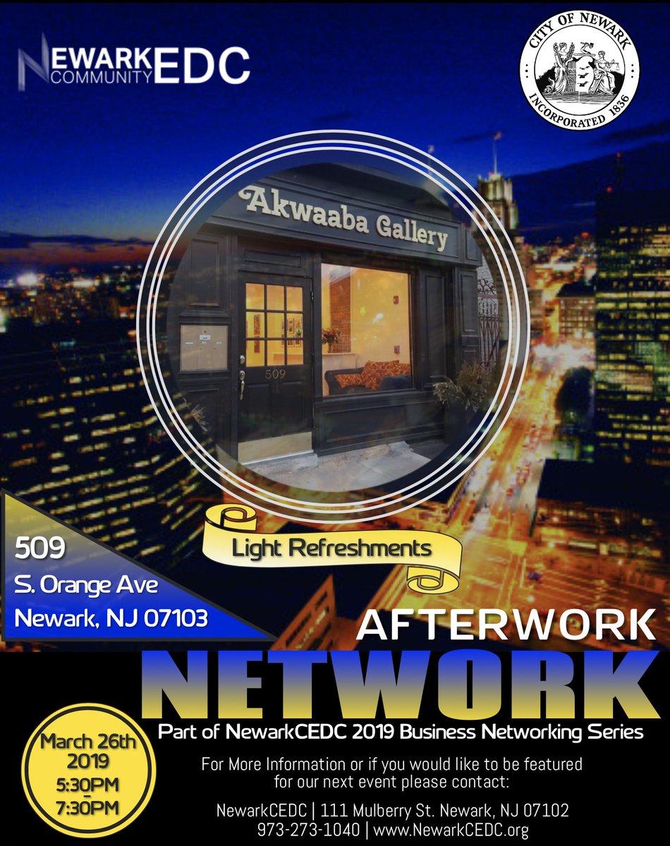 NewarkAlliance_'s tweet photo. TONIGHT! Join the @NewarkCEDC at an Afterwork #networking session on March 26th from 5:30 to 7:30 at the Akwaaba Gallery on S. Orange Ave!
Come meet the city leaders who also want to make Newark a better place! #DestinationNewark #artsandculture
https://t.co/p7eATT3YDW https://t.co/4zY3PiMsS8