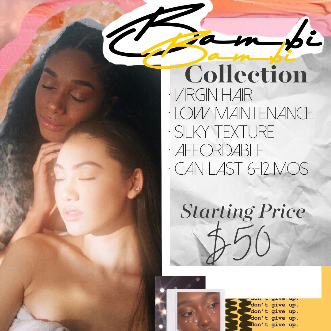 MadeByBabeCo's tweet photo. Unique Virgin hair. For Unique Babes. Bambi Babe pricing starts at $50. Every texture. Forever. https://t.co/FPt4nMgyQH