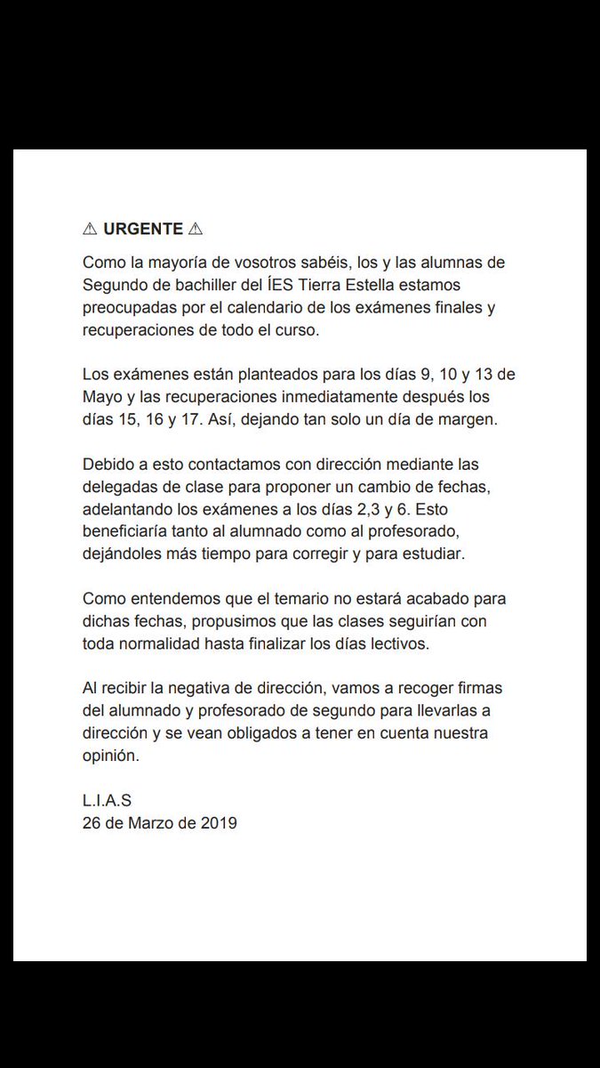 Egoera honen aurrean, zuzendaritzak ikasleon hitza entzun dezan, sinadura bilketa egitearen beharra sentitu dugu. 

Frente a esta situación, hemos sentido la necesidad de hacer una recogida de firmas para que dirección nos escuche.

Bihar 2.Batxilergoko Ikasle guztiak sinatzera!