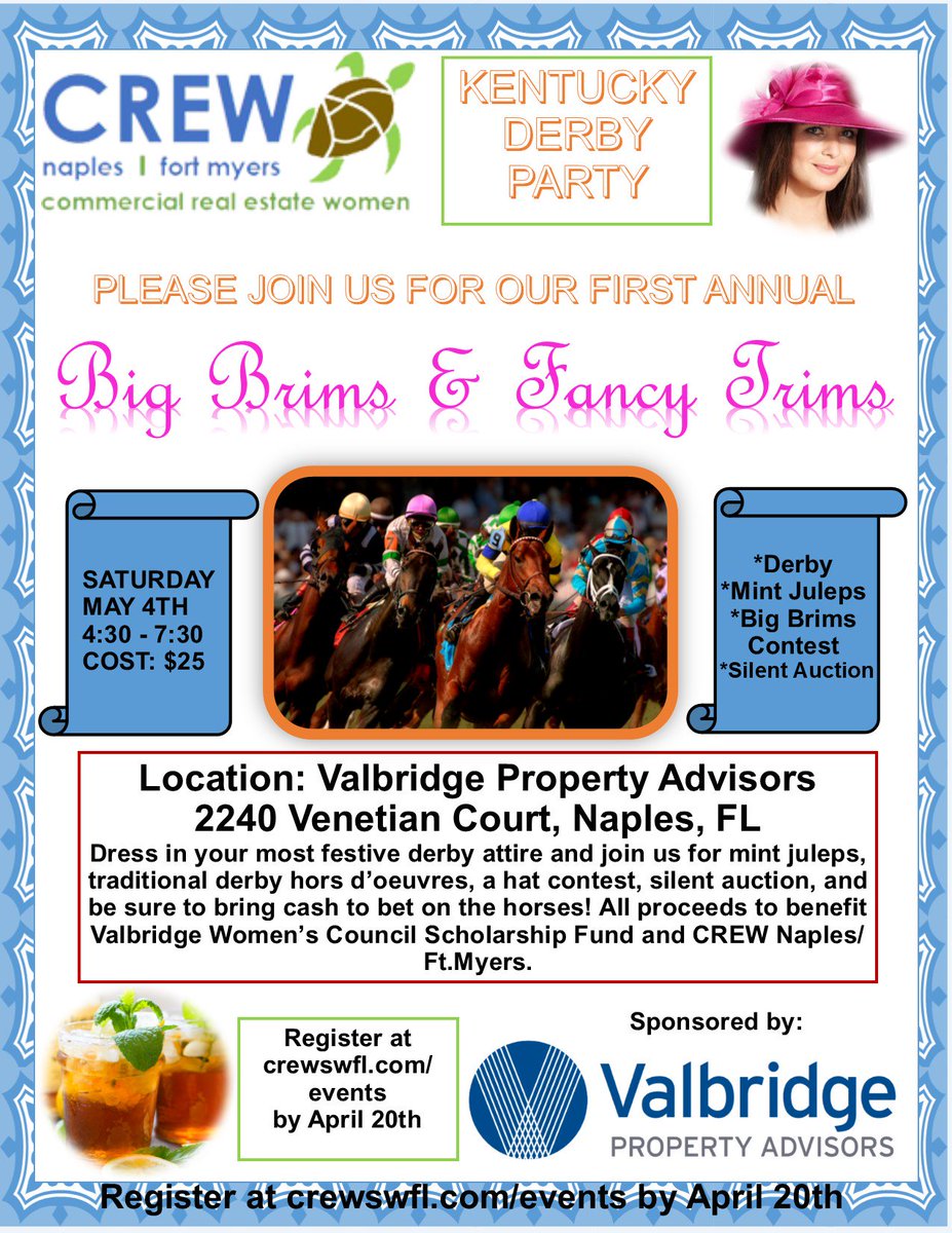 ValbridgeF's tweet image. Bring your hats and most festive derby attire to our Kentucky Derby Party on Saturday, May 4th from 4:30 - 7:30. 
All proceeds to benefit Valbridge Women’s Council Scholarship Fund and CREW Naples/Ft.Myers. Register at the crewswfl.com/events  (239) 514-4646 x203, #CREW, #VPA