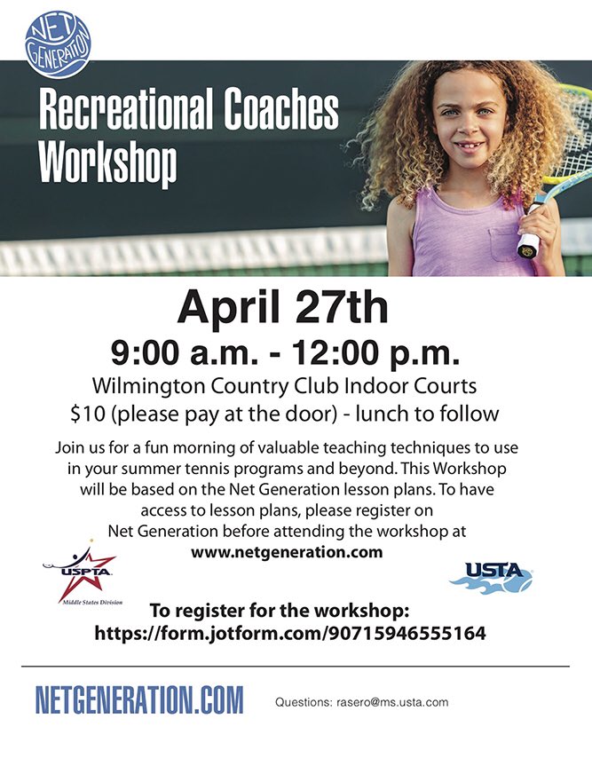 USPTA_MS's tweet photo. USTA Recreational Coaches Workshop
Wilmington CC, Wilmington, DE
April 27 | 9am-12pm

https://t.co/yiNAf1Ixfm

#usta #uspta #tennis #tennispro #tenniscoach #education https://t.co/QNLXvXGnjp