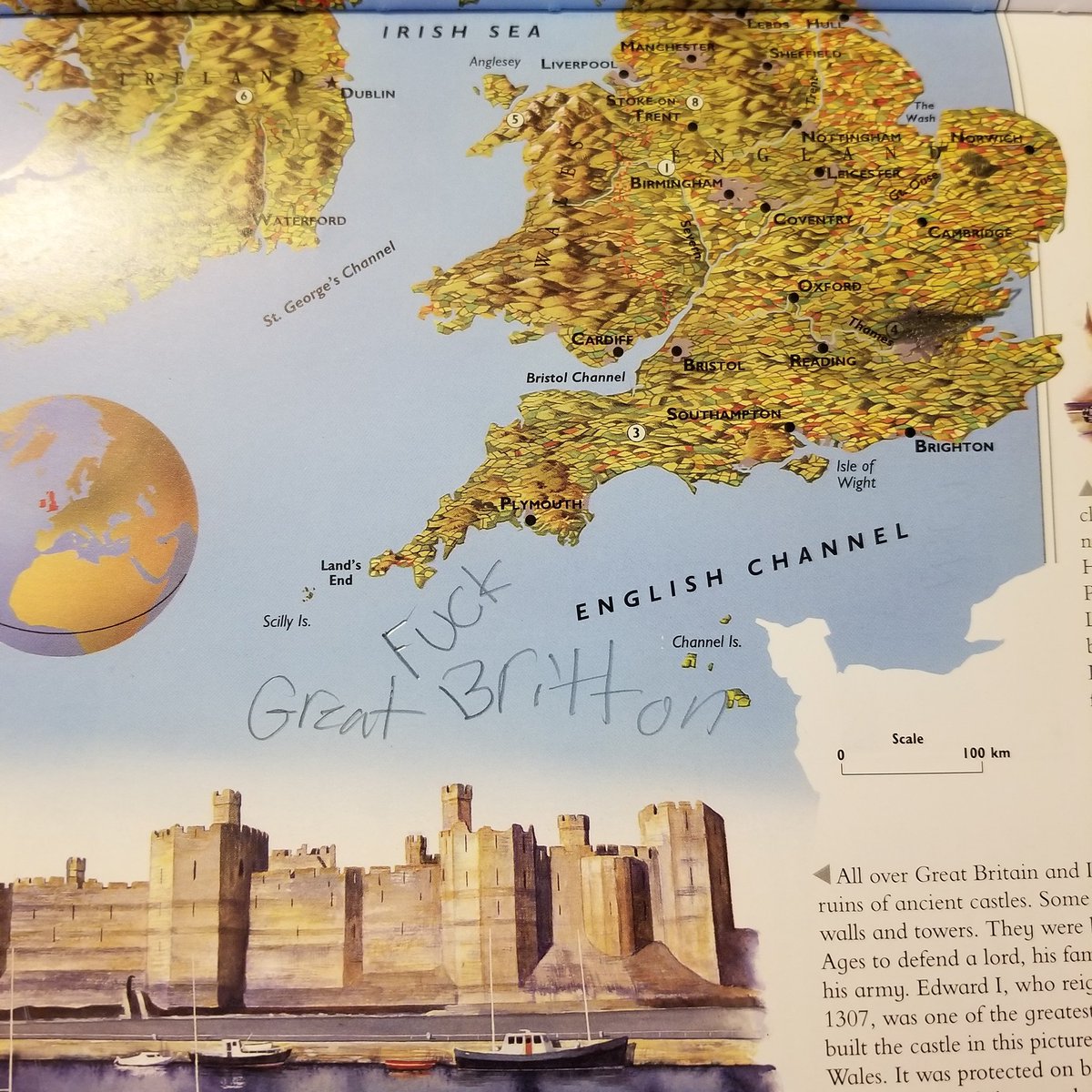 RillyJill's tweet photo. Found this scrawled in one of our atlases. Going to blame Welsh/Irish DNA because I don't think I've ever said *out loud* that I blame British oppression for the fact that my ancestors ended up in Oklahoma. I think I know which kid it was. Soul of a poet, that one. #welsh #irish https://t.co/HhXY6Pe6DQ