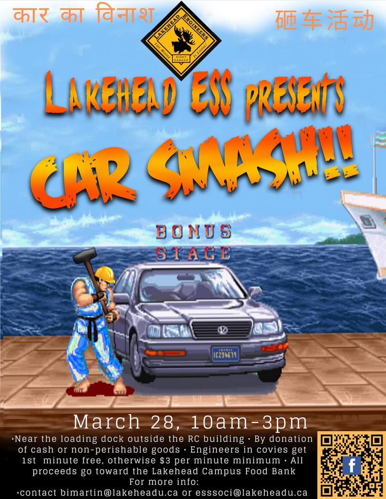 LakeheadESS's tweet photo. The ESS Car Smash is back! Wear your covies for 1 free minute of free smashing!!! 
Additional time can be purchased for $3/min or by donation of non-perishable foods! All Proceeds go to the Lakehead Campus Food Bank!

#CarSmash #HittingThings #Destress https://t.co/m755VaBZZd