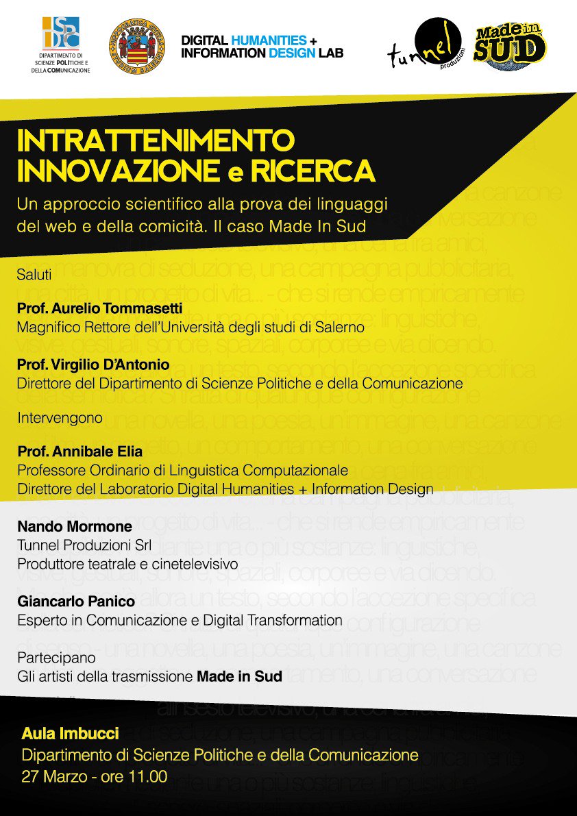 PierluV's tweet photo. Domani alle 11 il Dipartimento di Scienze Politiche e della Comunicazione dell'@UniSalerno, presenta le ricerche in corso con la produzione di @madeinsud_rai.
Ospiti @dottorg , Nando Mormone e una rappresentanza degli artisti. https://t.co/tKL5Co7J4d