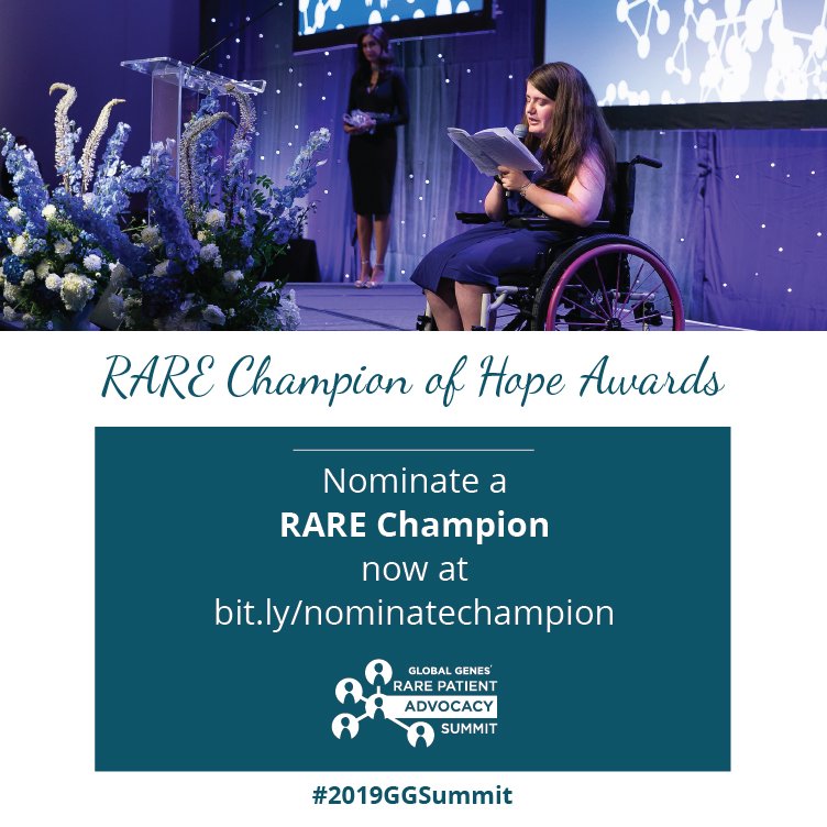 GlobalGenes's tweet photo. Help us identify 2019 RARE Champions of Hope by nominating an individual, organization or collaboration in your #raredisease community that has made an impact in advocacy, medical care &amp; treatment, or science &amp; technology. Learn more &amp; submit nomination at https://t.co/6xR7KTl7XS https://t.co/MaZn71Rry4