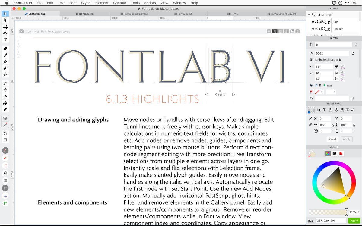 Fontlab's tweet photo. #FontLabVI 6.1.3: arrow-key Tunni lines editing; precise non-node segment editing; easier free transformations; better classes and features editing; font export customization; better UFO3 handling; single-stroke fonts; improved Sketchboard text frames. https://t.co/VqET7JKWVS https://t.co/rn0YTwJIVf