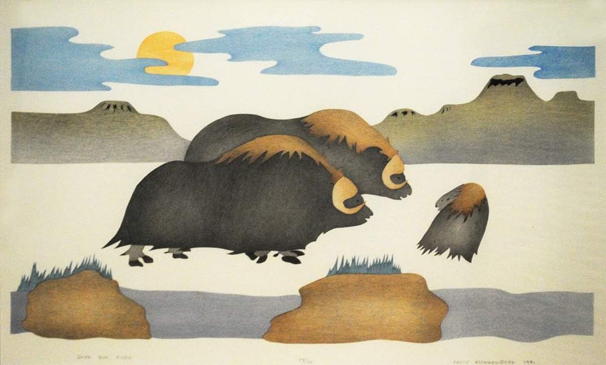 CobaltGallerySJ's tweet photo. DON'T RUN AWAY
14" x 30", stone cut stencil on paper, $600

ELSIE ANAGINAK KLENGENBERG
b. Victoria Island, BC, 1946. 

Elsie was born on Victoria Island, and has been drawing since the early 1960s. #inuitart #graphicart https://t.co/C9EI524Anr