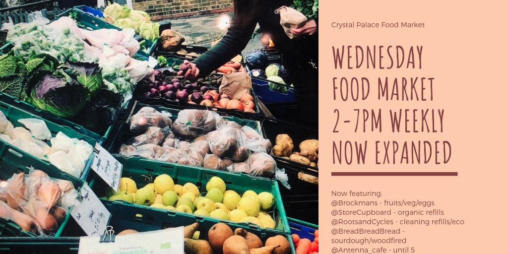 Wednesday market 2pm-7pm every week.  Now includes @StoreCupboard @RootsandCycles @Breadbreadhead @Brockmansfarm

#refills #nowaste #organic #biodynamic #freshfood

@CrystalPalaceTT @CPTriangulation @loveSE19 @CP_SE19