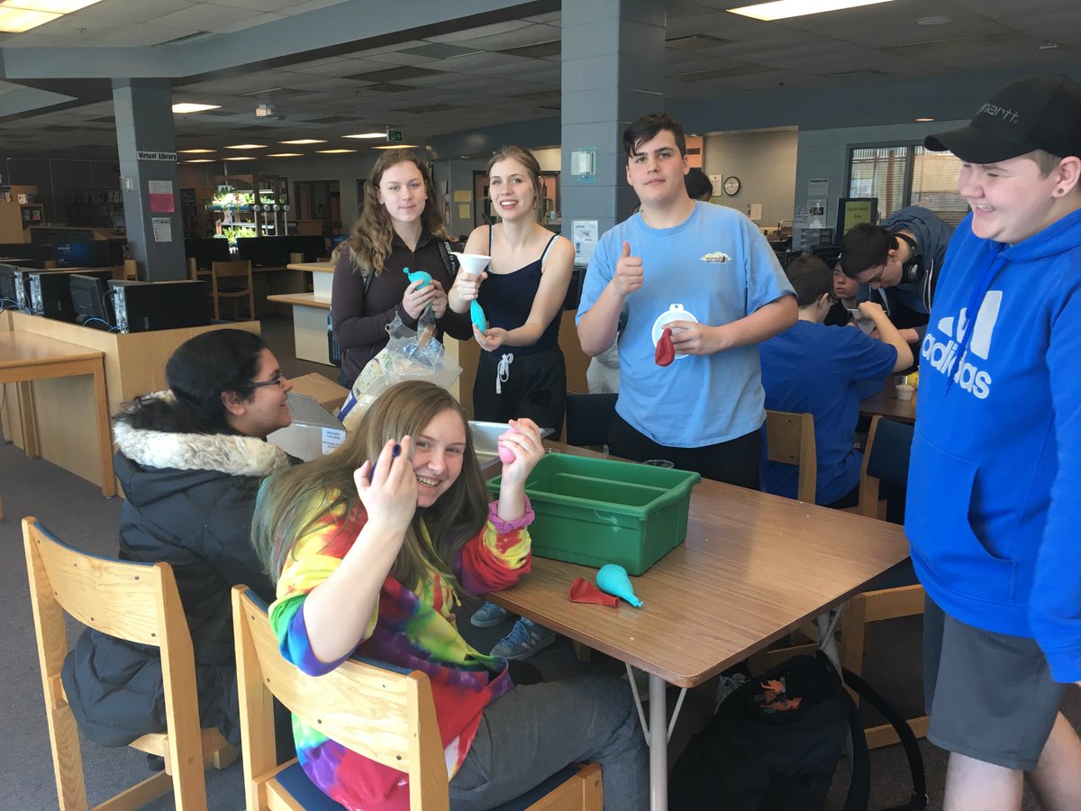 SaltfleetHSLib's tweet photo. Wellness Week day 2 activity at Saltfleet ! Students enjoying a light lunch, good company and fun activity (making a stress ball) in the LLC. https://t.co/vQjUi9ifgw