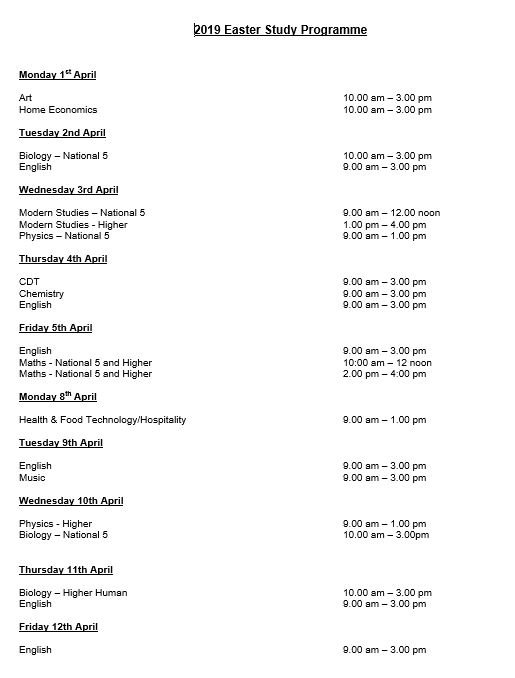 See attached for the full programme of study classes during the spring holidays. Teachers will arrange with pupils a time to meet at front reception on the day.