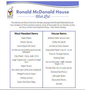Student Council is hosting a drive for Ronald McDonald House Charities from now until April 5th! Check out the attached lists for what items to donate. The first donation box is set up by the front office!