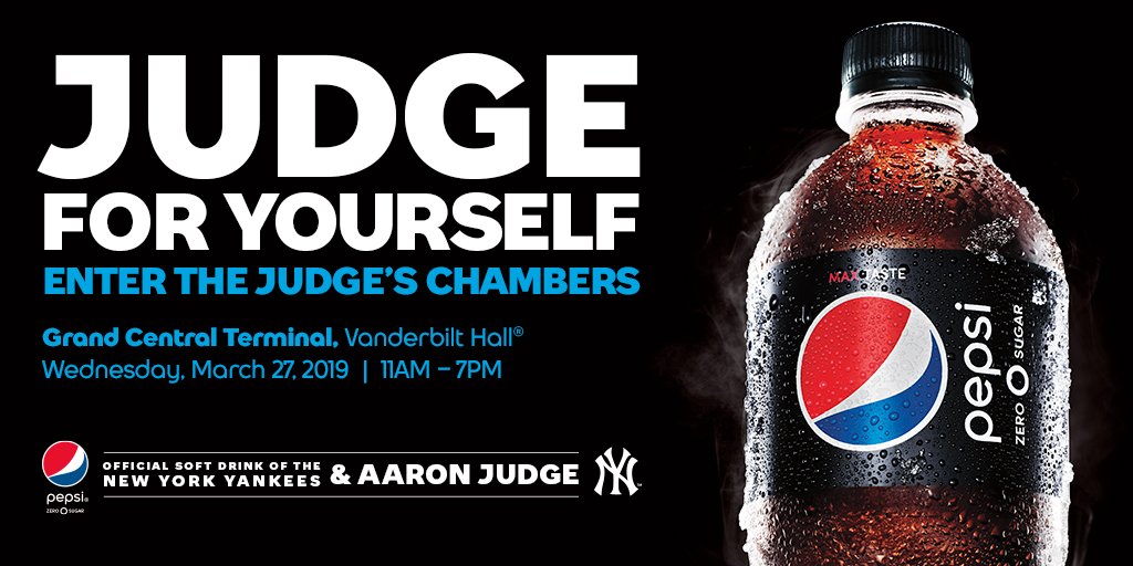 Baseball’s back in session! @Pepsi is holding court at @GrandCentralNYC Tomorrow, March 27. Stop by their 'Judge’s Chambers', take your best swing and measure your swing velocity for the chance to win Yankees tix & more. See you there! #JudgeForYourself