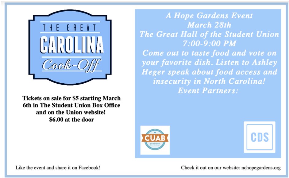 Tar Heel TABLE is back again at this year’s Great Carolina Cook-Off! Come out this Thursday to learn more about food access in N.C., support <a href="/NCHopeGardens/">Hope Gardens</a>, and vote for Tar Heel TABLE’s dish!