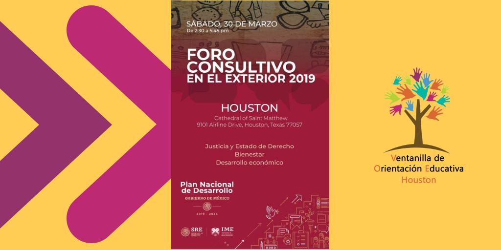 Por 1ra vez los mexicanos en el exterior participan en la construcción del Plan Nacional de Desarrollo, en el Foro Consultivo en el Exterior–Houston 2019. 03/30/19 ¡tu opinión será tomada en cuenta! facebook.com/events/3663788…
Más información: consultaexterior.mx/inicio/ #VOEConMexico