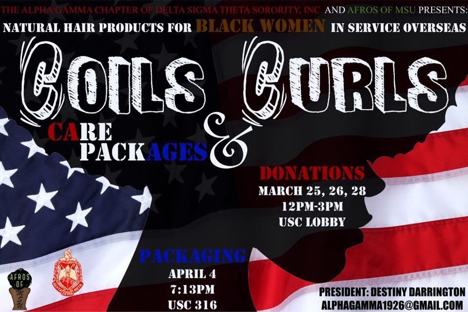 AlphaGamma_DST's tweet photo. ✨Black Women in service overseas are typically forgotten about when it comes to simple necessities such as hair care. Popular hair care items such as Shea Moisture can not be found easily in locations such as Iraq. Join us in the Student Center TODAY from 12-3pm! ❤️ https://t.co/FNiq1dFfG2
