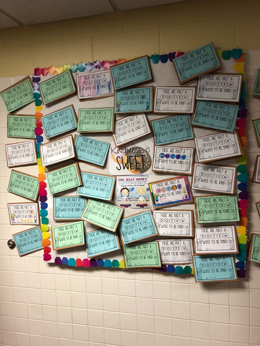 MrsNordstogSC's tweet photo. Bulletin boards are NOT my strength, but I think this project turned out pretty cute! Third graders wrote "Half a Dozen" ways to be kind in a "box" of donuts after reading the Jelly Donut Difference 😊🍩 #empathy #compassion @LakeAgassizGFPS https://t.co/edg6GbtZXu