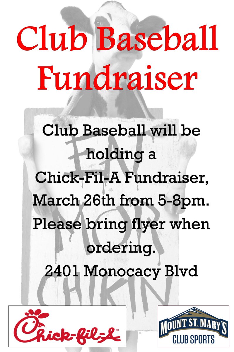 MSMUClubSports's tweet photo. Club Baseball is holding their Chick-Fil-A Fundraiser today from 5-8PM. Make sure you stop by and support their team by grabbing some Chick-Fil-A for dinner 🐔🐮Please have your flyer available on hand or able to show in your phone when ordering!!! https://t.co/J8sJJLHjj5
