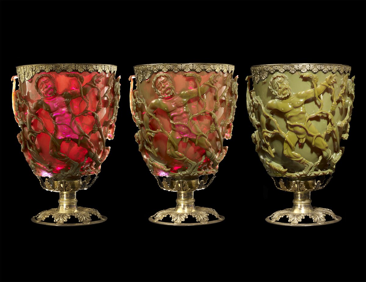 britishmuseum's tweet photo. The Lycurgus Cup is the only complete example of colour-changing dichroic glass from ancient Rome.

The glass contains nanoparticles of gold and silver – this makes it turn from opaque green to translucent red when light is shone through it https://t.co/5nKrGE6Gc1 https://t.co/A3jMa5z27I