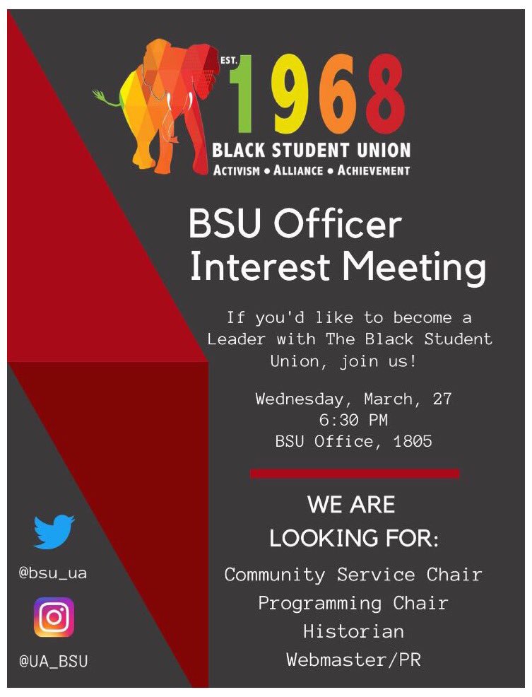bsu_ua's tweet photo. Interested in becoming a BSU officer? Come out tomorrow to the interest meeting were we will discuss the necessary requirements for 2019-2020 BSU leadership positions, the ins &amp; outs of BSU and more. Following the meeting, the applications will be live! We hope to see you there! https://t.co/0y7RUmp4eP