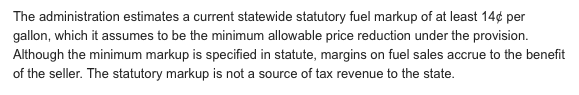 WisConsumers's tweet photo. Official State of Wisconsin budget documents peg state-mandated markup on fuel at 14 cents a gallon. None of this money goes to the state for our infrastructure needs. This is all guaranteed revenue for the sellers of fuel. Full budget:  https://t.co/9ULqJciUjI https://t.co/aC0avhQKKL