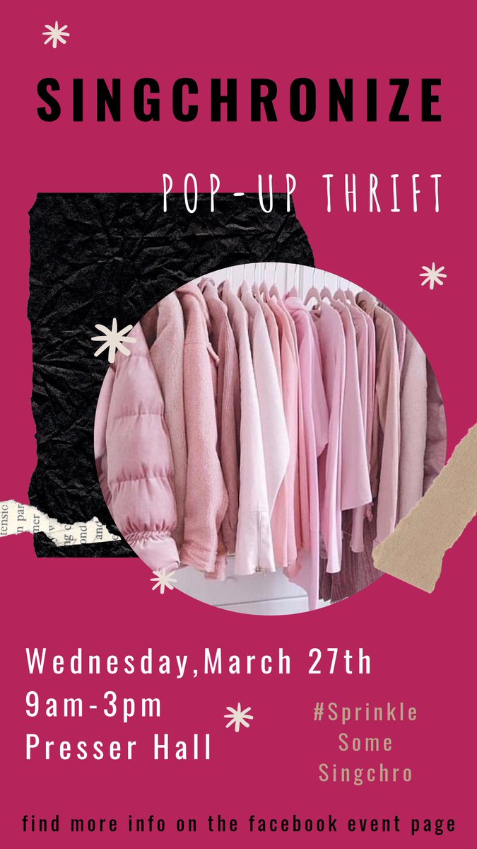 Calling all our fashion forward friends at TU !! Come shop Singchro's closets for some cute clothes, accessories, and more TOMORROW from 9-3 in Presser Hall!