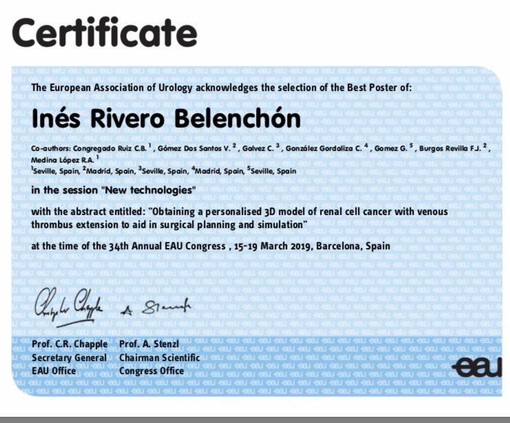 HospitalUVRocio's tweet image. El Servicio de Urología @UronefroHUVR consigue el premio al mejor trabajo en el  Congreso Europeo de Urología #EAU2019, en el área de #NuevasTecnologías con la utilización de #modelos3D en simulación y planificación quirúrgica del #Cáncer #Renal con afectación #vascular.
@Uroweb