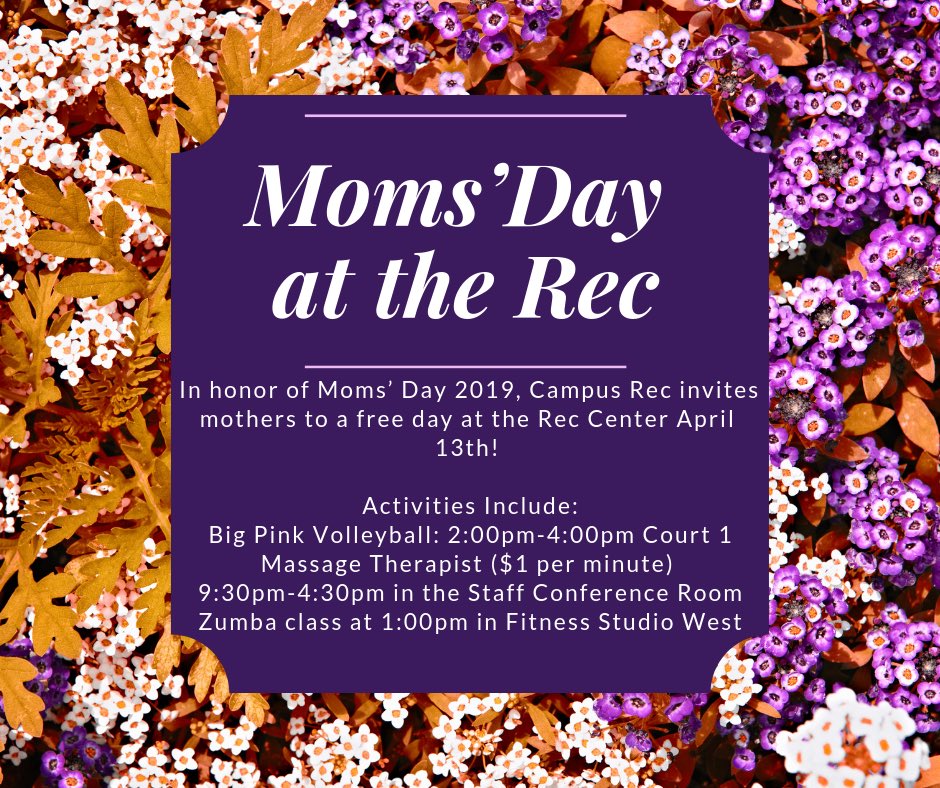 WIUCampusRec's tweet photo. April 13th is Moms’ Day at Western Illinois University! Make sure to visit the Campus Rec Center with your mother! We have fun activities in store! 
#WIUFit4Fun #MomsDay #Zumba #VolleyBall #5K #Fitness https://t.co/UInEBBP2hI