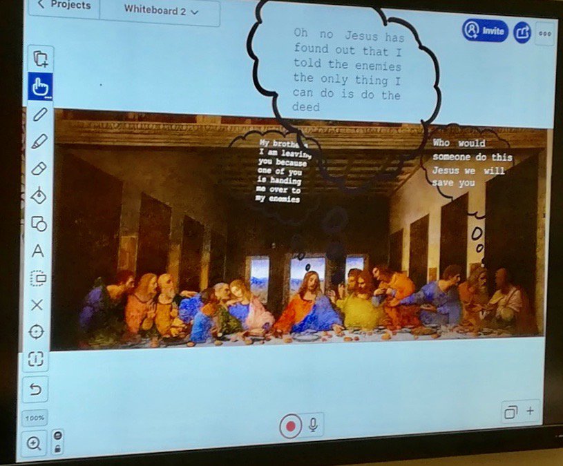 Tormead_RS's tweet photo. Y7 use the "Explain Everything" app and the application of their knowledge of the social and political climate in 1st century Palestine, to explore the different possible thoughts and motivations behind the words and deeds encountered at the Last Supper. #HPLedu https://t.co/I6IfgKnwkF