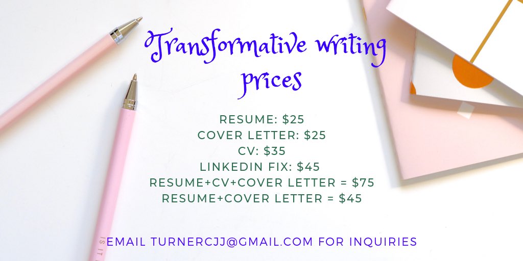 CJTurner14's tweet photo. Hey guys I’m doing a bundle deal until May 1 on resumes, CVs, LinkedIns & cover letters. Pricing is below. If interested, cash app $CJJTurner or email TurnerCJJ@gmail.com with your request for an invoice. RT to spread the word! #ResumeEditor #Networking #LinkedIn #CV #CoverLetter https://t.co/GgUnU7lBUK