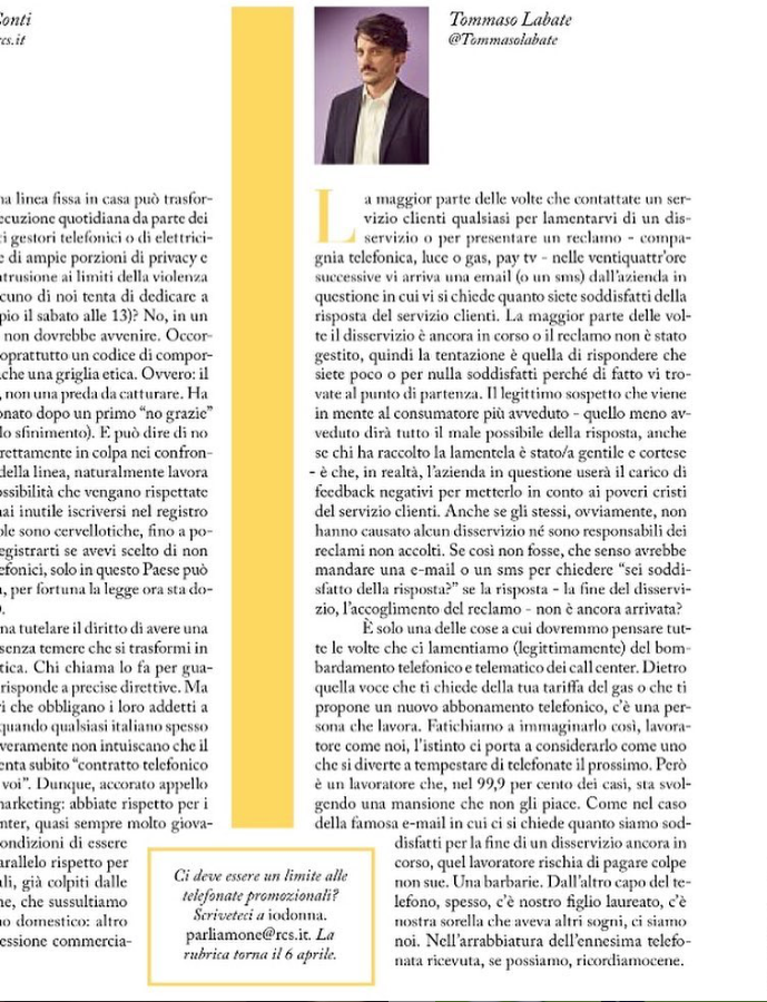 Asso_contact's tweet photo. .@Tommasolabate rompe su @IOdonna il coro di chi descrive il #telemarketing e i servizi di #callcenter in maniera parziale e stereotipata. 
Ricordiamo: dall'altro capo del telefono c'è una persona, con la sua storia, il suo impegno e la sua professionalità. https://t.co/flkR4M468r