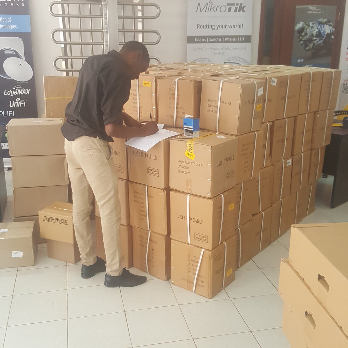 HudacoKenya's tweet photo. Another shipment of CAT cable, Rip cord, RJ45 connectors and other stock being received this week.  Contact us for your requirements sales@hudaco.co.ke or 0798190597 #Catcable #cctv #intrusion #wireless https://t.co/08VWENyZnu