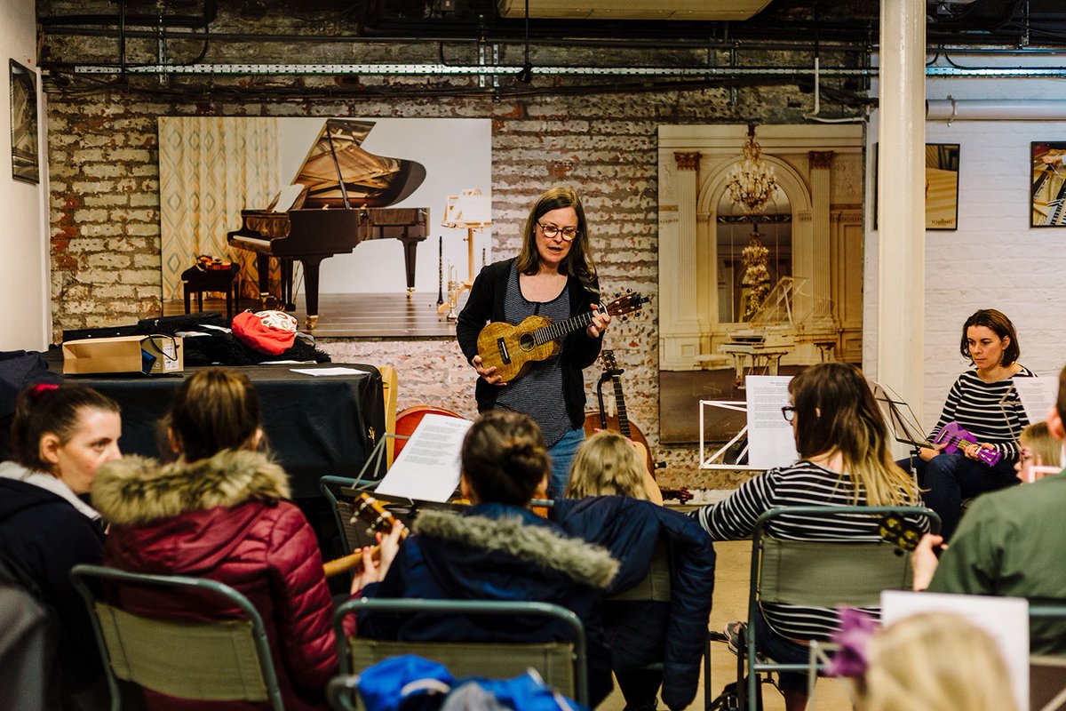 ForsythMusic's tweet photo. Lovely photographs by @rachelburtphoto of our group #ukulele #lesson on Sunday! Huge thanks to Lou Armer @bossarocker of @louandthellamas & Mike Byrne @diskono23 of @LevyUkeUp for getting 30 new uke-ists sounding so brilliant in only an hour! #LearntoPlayDay #LTPD2019 #uke https://t.co/oNlFfNC9Fq