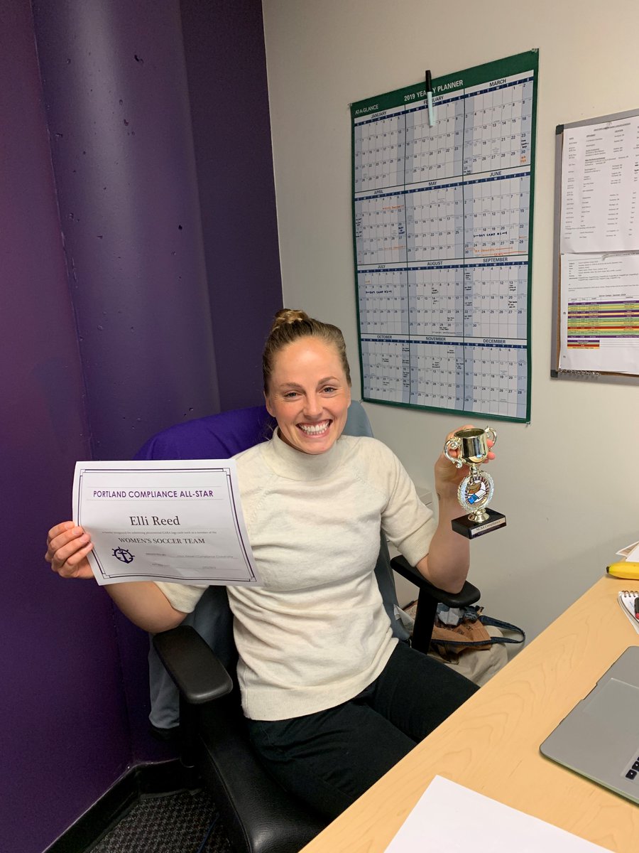 Congratulations to @UPWomensSoccer Director of Operations Elli Reed for winning the inaugural Portland Compliance All-Star Award! @ellireed has done a tremendous job submitting her practice logs and has always gone above and beyond to ask the Compliance Office relevant questions.