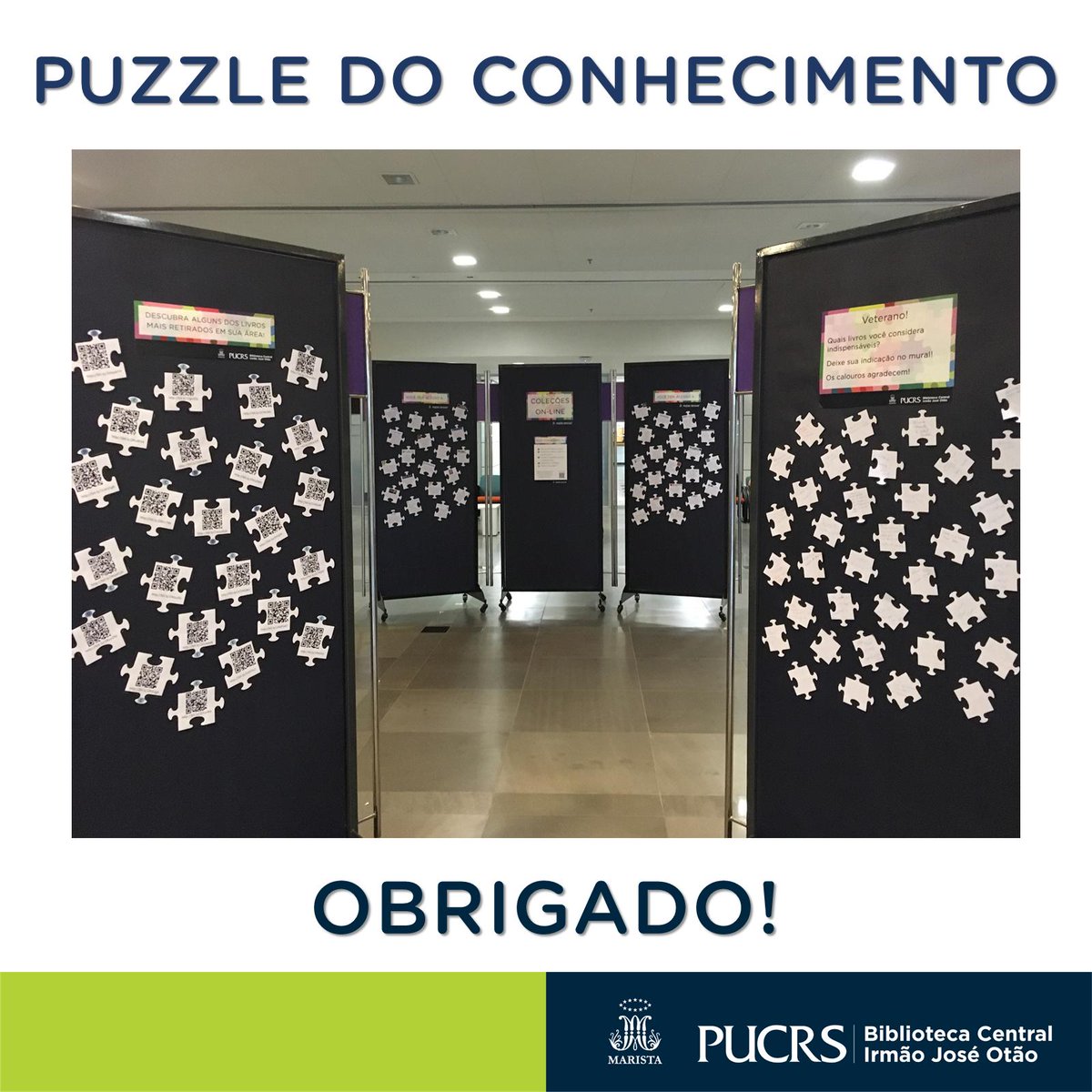 BibliotecaPUCRS's tweet photo. Obrigado por sua contribuição! A Exposição Puzzle do Conhecimento na Biblioteca da PUCRS teve mais de 90 visitas registradas e 55 indicações de livros! A exposição segue no Living 360º até o dia 08/04! #PuzzledoConhecimento #BibliotecaPUCRS #Living360 https://t.co/JhBUmlmFiB