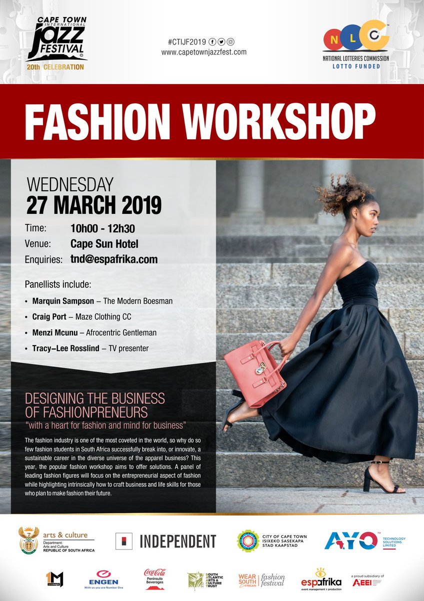 FREE #CTIJF2019 FASHION WORKSHOP

Date: TOMORROW!💪🏽🥳🙌🏾😁😬
Time: 10h00 - 12h30 
Venue: Cape Sun Hotel, Strand Street, Cape Town CBD
Enquiries: tnd@espafrika.com

Attendance is FREE for everyone, but booking is essential. RSVP using this Link: bit.ly/2u28yfg