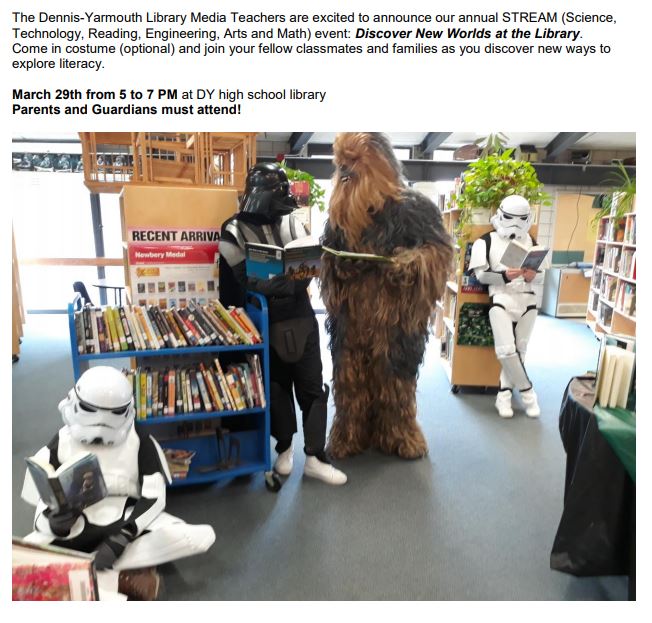 Join us this Friday, March 29th at DYRHS library for Discover New Worlds at the Library- DY Literacy Night, open to all!