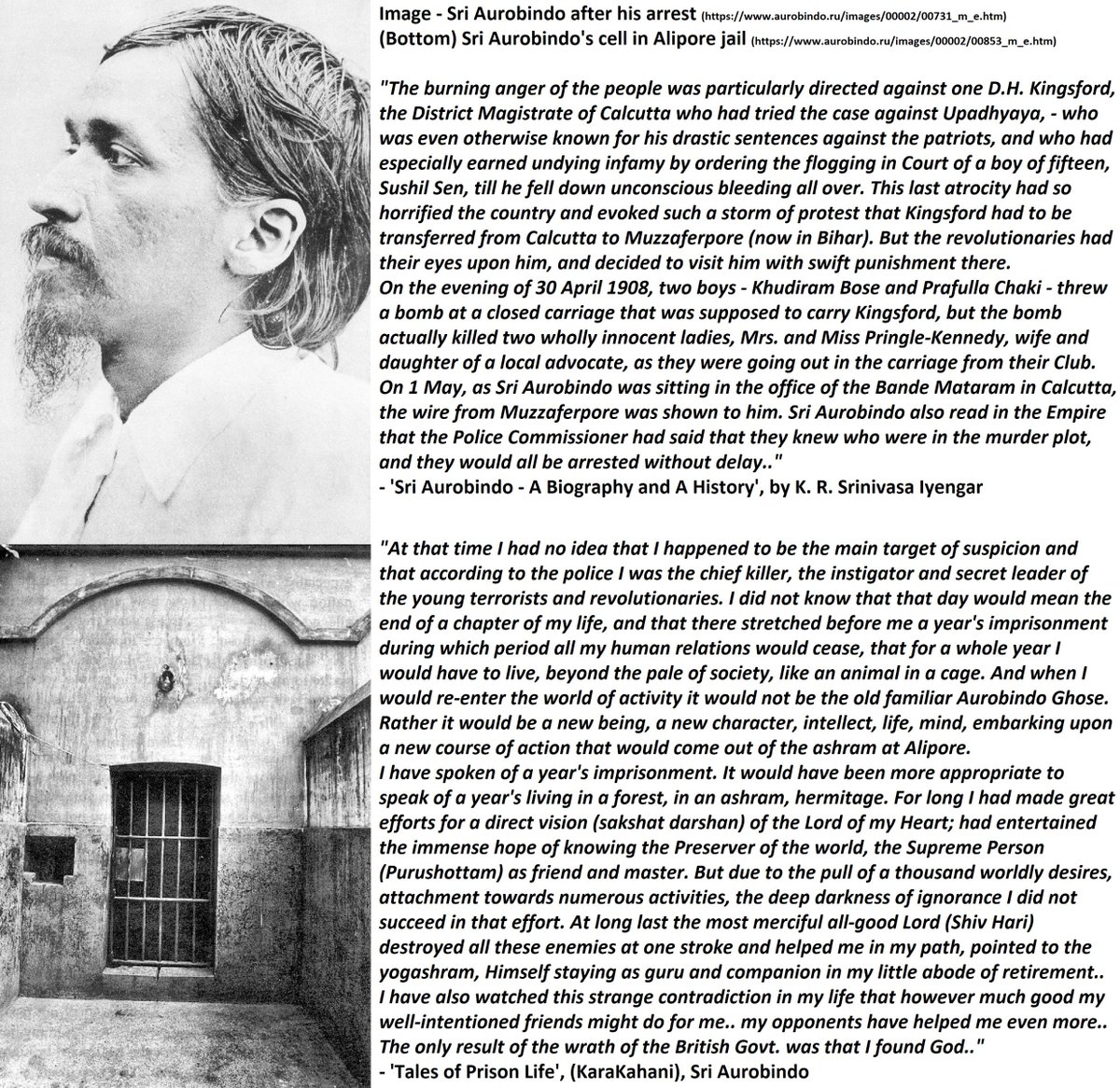 49) Going into the Alipore Jail:On Apr 30, 1908 Prafull & Khudiram threw a bomb in Muzaffarpur, targeting the then Magistrate - in the process killing two.On May 02, 1908,  #SriAurobindo was arrested..What was to be a severe punishment turned for Him into a spiritual retreat: