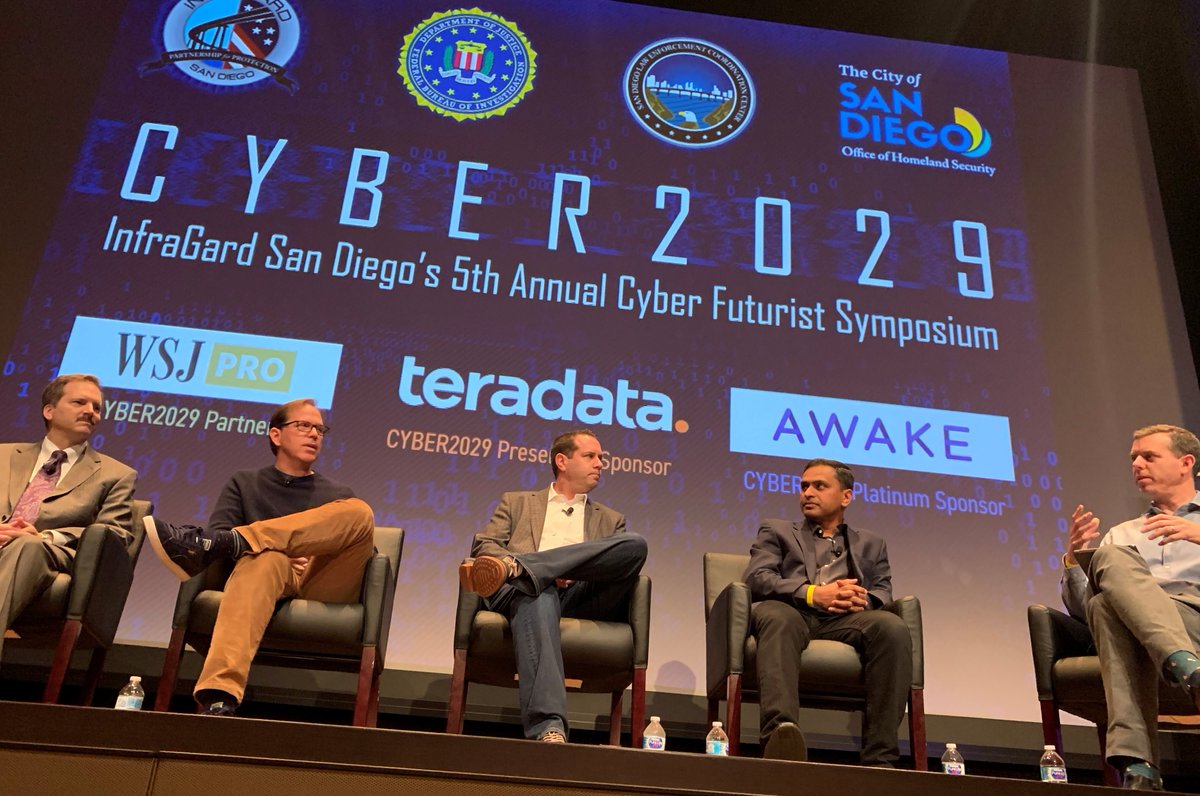 infragardsd's tweet photo. **Another huge thanks to our CYBER2029 panelist Rahul Kashyap, Kris Virtue, Michael St. Vincent, Stefan Savage and moderator Rob Sloan for taking on the difficult challenge of examine the future of Cyber security . #InfraGard #cyber   #WSJPRO #Teradata #AwakeSecurity https://t.co/HvNf4RkHKd