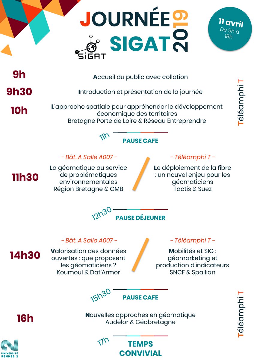 Voici le programme de la journée de restitution publique des ateliers de M1 et M2 du Master @e_sigat aura lieu le Jeudi 11 Avril dans l'amphi du pôle numérique de l'<a href="/UnivRennes_2/">Université Rennes 2</a> #SIGAT #geomatique