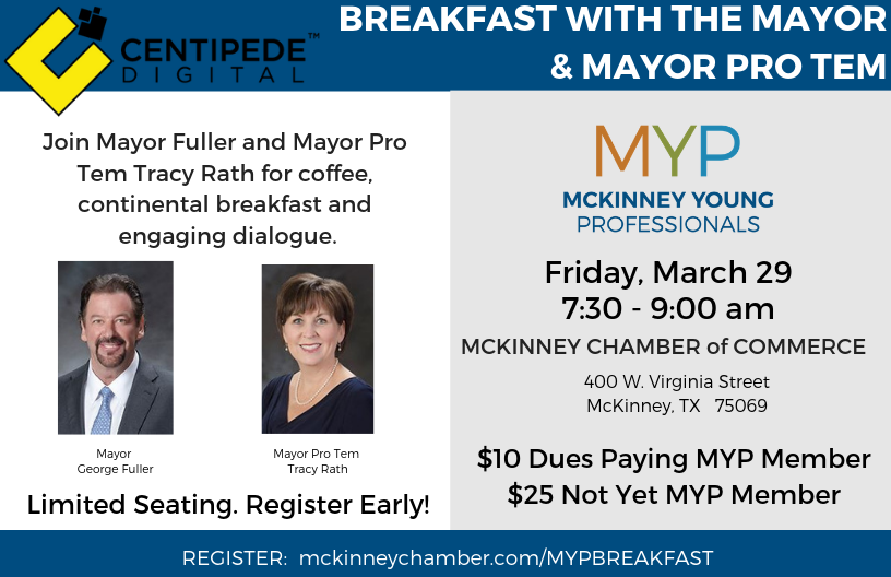 McKinneyYP's tweet photo. Do you have questions for Mayor @GeorgeCFuller and Mayor Pro Tem @tracyrath? Register today for breakfast and engaging dialogue. https://t.co/dZcon6Or2a https://t.co/1YLssHjHwv