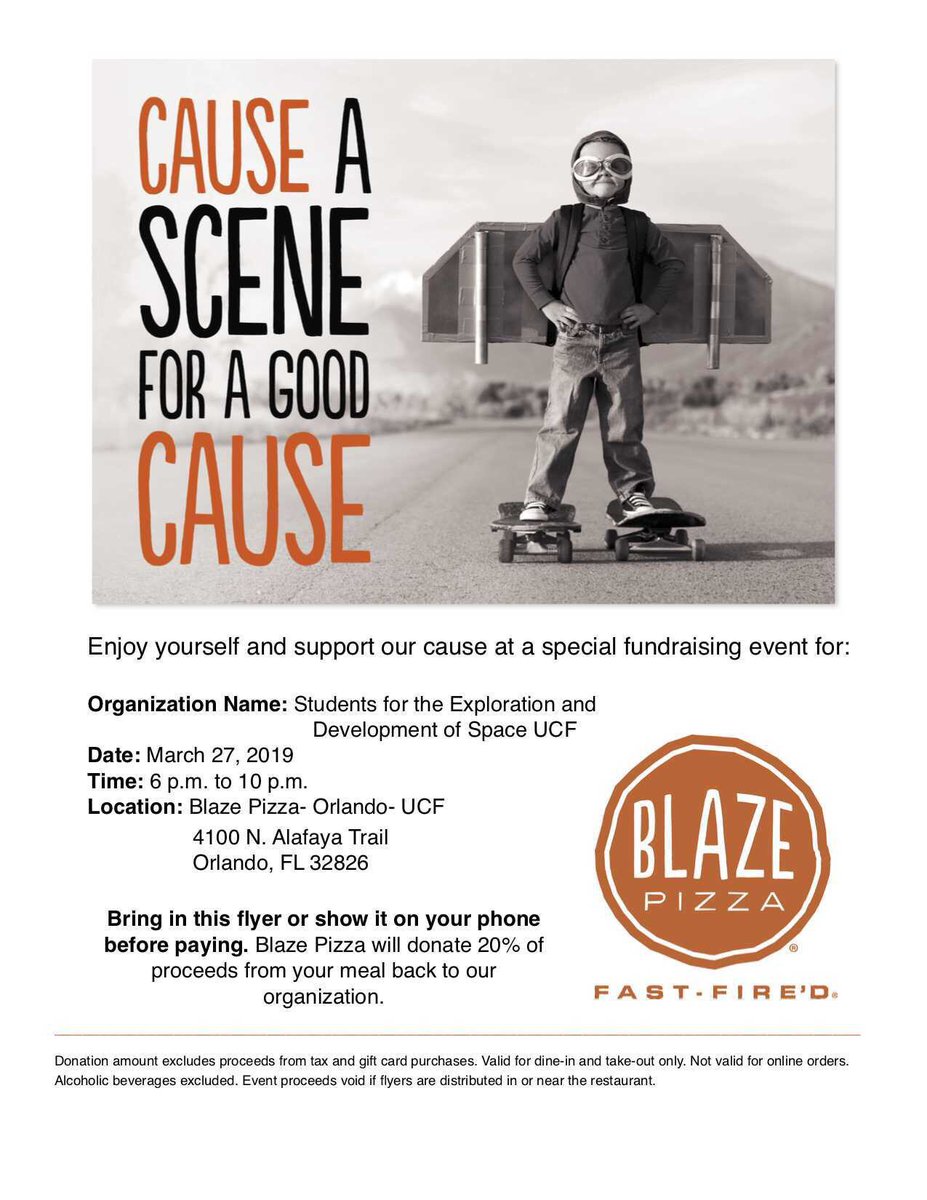 UCFRocketry's tweet photo. Remember that we have a partial proceeds happening tomorrow at Blaze Pizza!! Be sure to attend with your friends and family and be sure to show the flyer below once you pay!! https://t.co/ZxPzBzygal