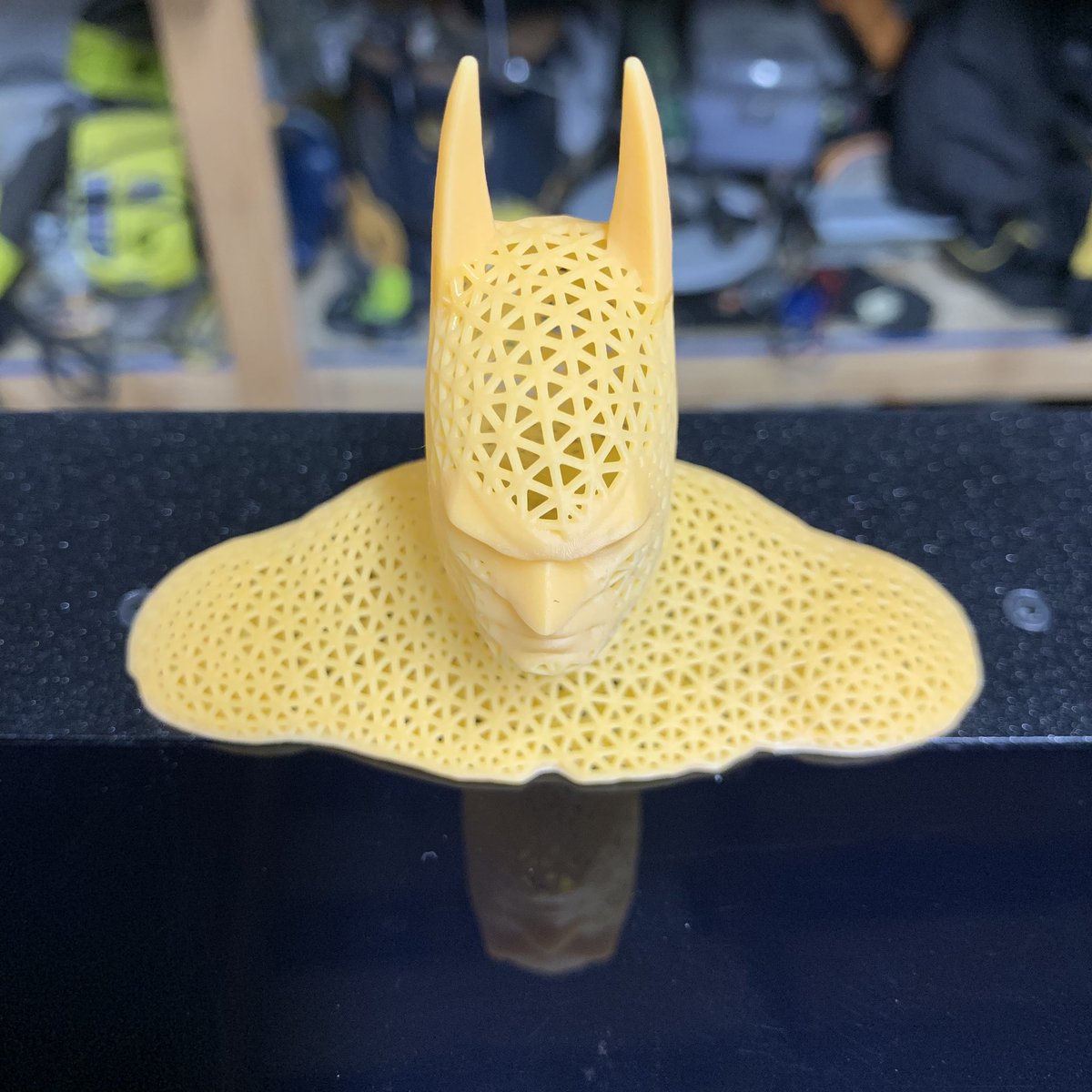crussty's tweet photo. Self reflection is important- even for Batman, as it’s the only way to see the holes within ones self.
This was a perfect test of the @Prusa3D SL1 beta unit! Model by chrisk2000 of thingy verse in @josefprusa orange resin and printed at 50microns.
#SL1Beta #ShareLearnGrow https://t.co/4fWRhuXcU8