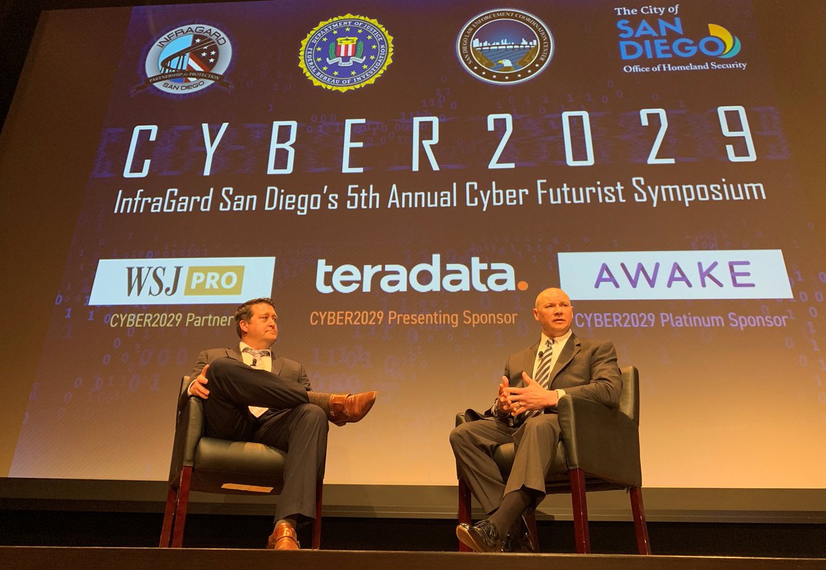 infragardsd's tweet photo. **A final thanks to our CYBER2029 Keynote, FBI Executive Assistant Director, Science and Technology Branch Christopher Piehota and moderator Matthew Miller for offering attendees view into the future of the FBI and technology.  #InfraGard #WSJPRO #Teradata #AwakeSecurity https://t.co/SDG1fOnvGH