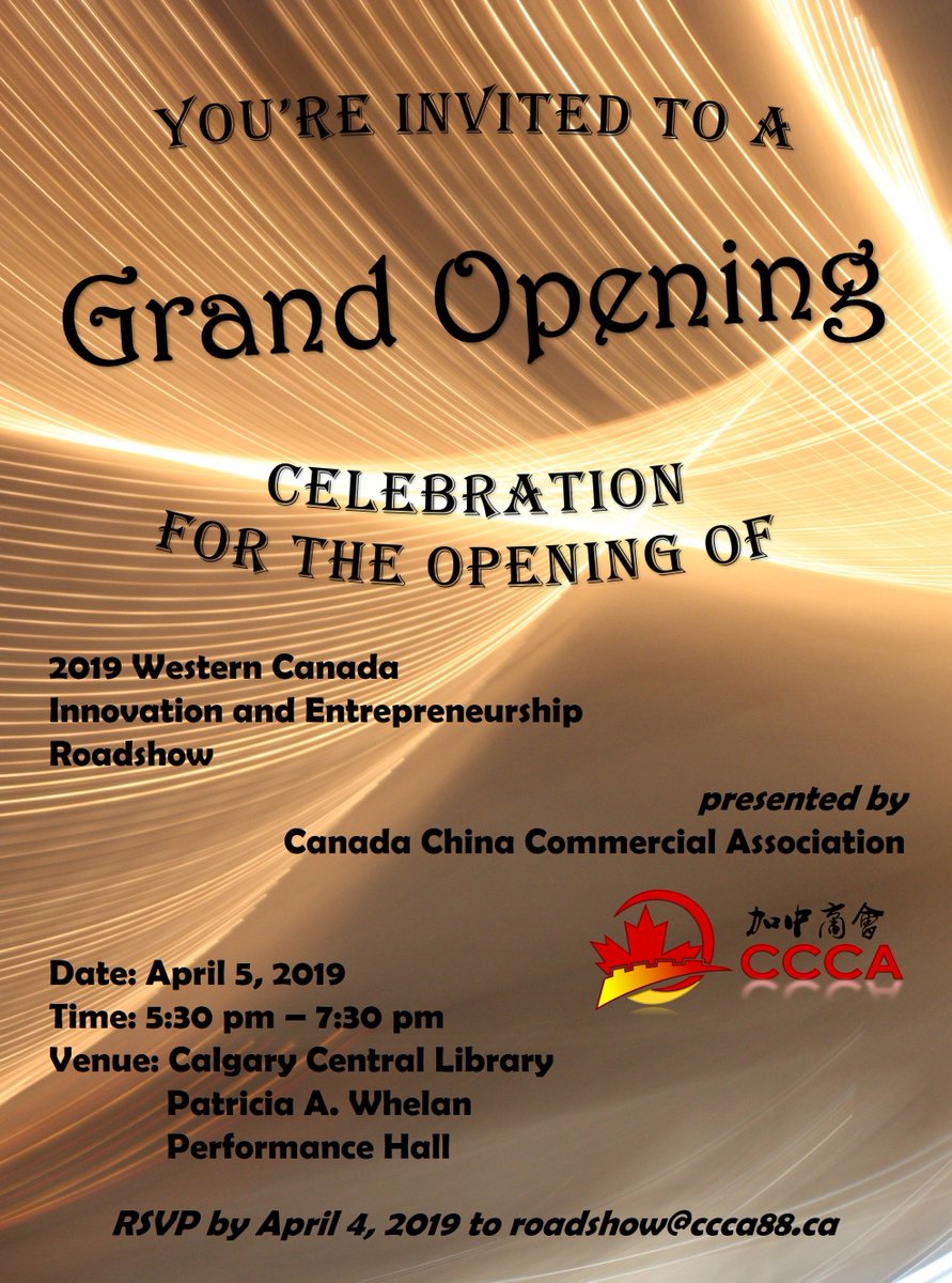 ccca88's tweet image. 2019 Roadshow Grand Opening
Time: April 5, 2019 5:30 pm - 7:30 pm
Venue: the New Calgary Library - Patricia A. Whelan Performance Hall

RSVP NOW @ roadshow1901.eventbrite.ca

#innovation #Entrepreneurship #business #startup 
#Calgary #Alberta #Canada