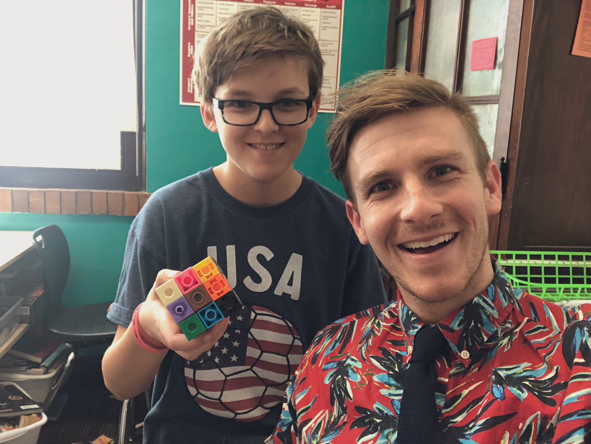 MrDaleyLeads's tweet photo. Proud of this #5thgrade scholar for demonstrating perseverance, abstract thinking, and tenacity in my #RubixCube challenge! Connecting inch cubes together, 9 colors on each side, no repeating! #AllStudentsOneTeam #TropicalTuesday #volume #geometry #studentselfie https://t.co/IRepYuwbaV